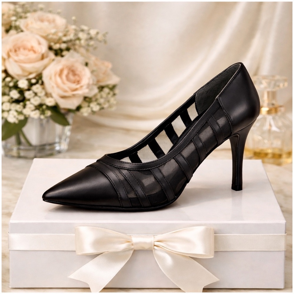 Charles David Black Mesh Stiletto Heels Size 5 Y2K Quiet Luxury Pointed Toe